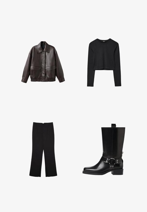 Braune Lederjacke mit breitem Kragen, zwei Fronttaschen und elastisch gerafften Akzenten am Saum. Glatte, glänzende Textur.; Schwarzes, langärmliges, kurz geschnittenes Oberteil mit Rundhalsausschnitt, schlichter Gestaltung und leicht abgerundetem Saum.; Schwarze Hose mit geradem Schnitt, ausgestattet mit Fronttaschen und Seitenschlitzen am Saum. Hergestellt aus weichem, glattem Stoff. Geeignet für verschiedene Anlässe.; Schwarze Lederstiefel bis zum Knie mit spitzer Zehenform, silbernen Schnallenakzenten und einem klobigen Absatz. Verfügt über eine Zuglasche für einfaches Anziehen.