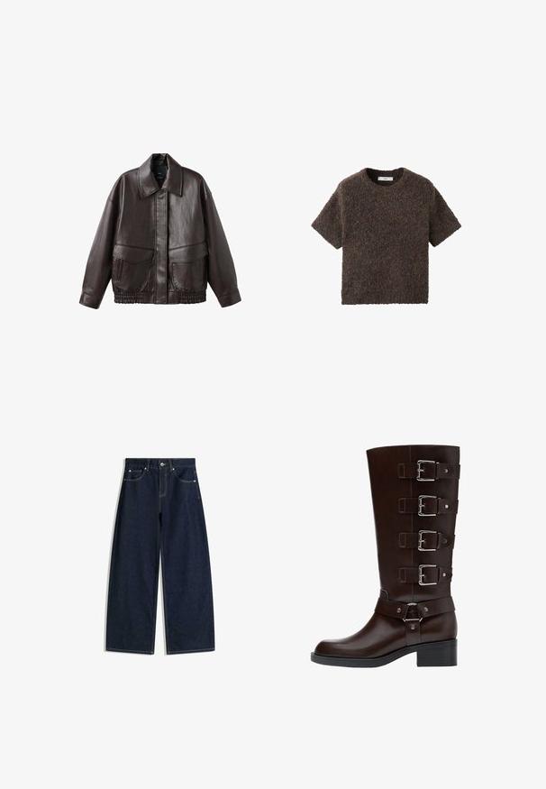 Veste en cuir marron avec un large col, deux poches avant et des accents froncés élastiques à l'ourlet. Texture lisse et brillante.; T-shirt à manches courtes, col ras du cou, en matériau moelleux et texturé. Couleur marron foncé avec des variations subtiles. Design simple et droit.; Jean denim bleu foncé à jambes larges avec poches avant, fermeture par bouton et couture visible sur fond blanc.; Botte en cuir marron foncé, hauteur genou, avec un bout rond, quatre sangles à boucle ajustables et un talon bloc, présentant des finitions lisses et texturées.