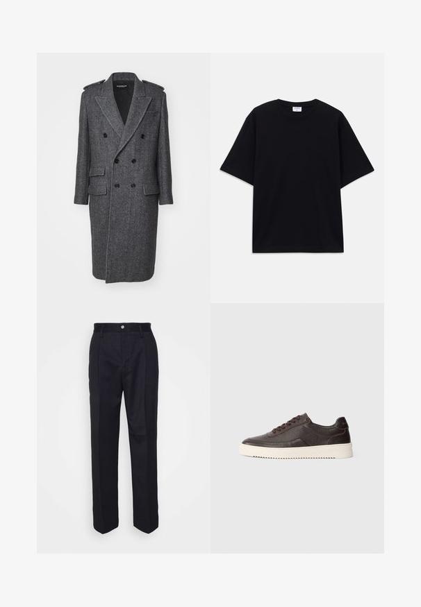 Palton din lână gri în model herringbone, cu închidere dublă, guler cu vârfuri, epauleți, două buzunare frontale și o deschidere centrală pe spate.; Tricou oversized cu mânecă scurtă, de culoare neagră, cu decolteu rotund și etichetă Filippa K vizibilă în interiorul gulerului.; Pantaloni negri croiți, cu un design drept, realizați dintr-un material neted, având închidere cu nasture în față și două buzunare laterale.; Tenisi din piele maro închis cu un finisaj texturat, vârf rotund și talpă din cauciuc crem contrastantă. Dispune de șireturi și detalii de cusătură subtile.