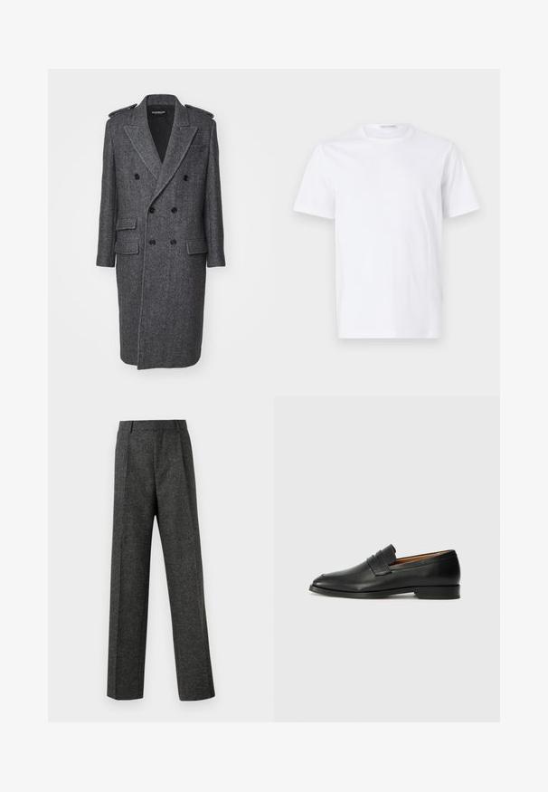 Grijze visgraat wollen jas met dubbel geknoopte voorkant, ingerichte kraag, epauletten, twee voorzakken en een split aan de achterkant.; Witte katoenen t-shirt met een ronde hals en korte mouwen. Gladde textuur, rechte snit en minimalistisch ontwerp zonder patronen of accenten.; Grijze op maat gemaakte broek van gestructureerde stof, met twee voorplooien en een rechte pijp. Geen zichtbare zakken of versieringen.; Zwarte leren instapper met een ronde neus, subtiele stikdetails en een lage hak, met een gladde textuur en een minimalistisch ontwerp.