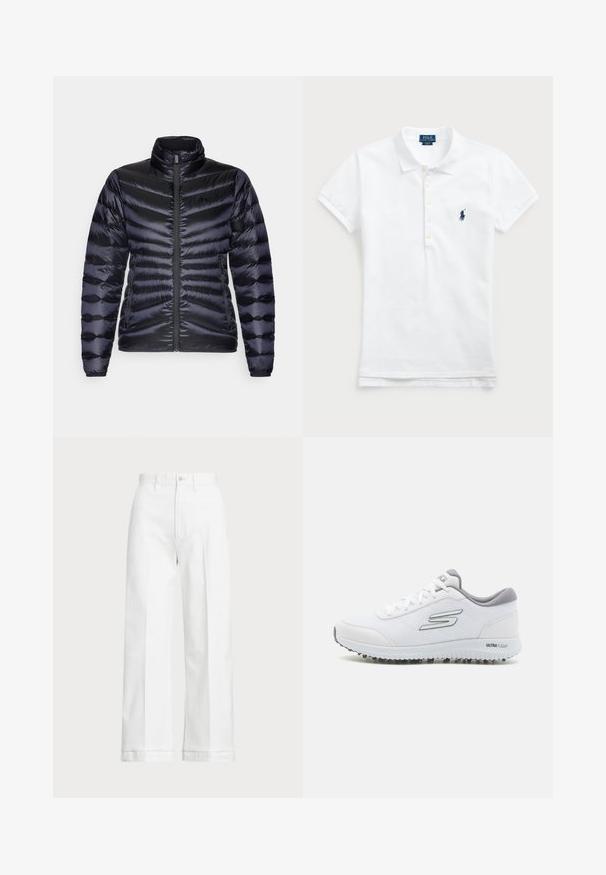 Σακάκι puffer σε ναυτικό μπλε, με επένδυση, ψηλό γιακά, κλείσιμο με φερμουάρ, σχέδιο σε σχήμα βέλους και τσέπες στο πλάι με φερμουάρ. Λείος, γυαλιστερός εξωτερικός νάιλον.; Λευκό βαμβακερό πόλο μπλούζα με κλασικό γιακά, κοντά μανίκια και ναυτικό μπλε κεντητό λογότυπο στο πάνω αριστερό μέρος του στήθους. Πέντε κουμπιά στην μπροστινή πλευρά.; Λευκό παντελόνι σε φαρδύ σχέδιο με ψηλή μέση, που διαθέτει κλείσιμο με κουμπί και διακριτές ραφές. Κατασκευασμένο από βαμβάκι με λεία υφή.; Λευκά αθλητικά παπούτσια με πλέγμα υφής, ασημένιες λεπτομέρειες και ελαφρύ πέλμα που διαθέτει μικρές προεξοχές πρόσφυσης, ετικέτα "ULTRA FLIGHT."