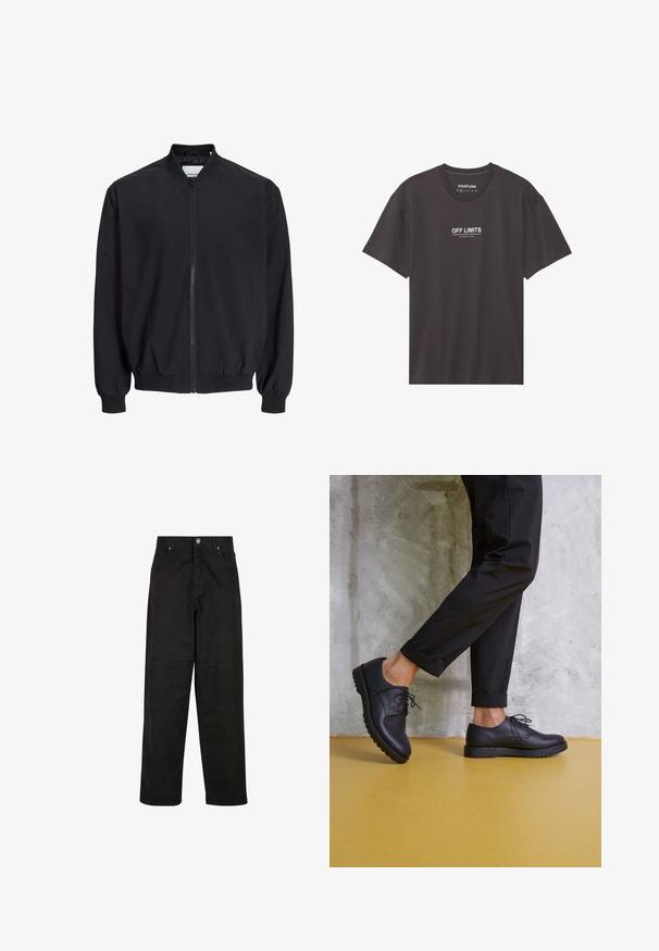 Svart bomberjacka i ett mjukt och lätt material med dragkedja fram, elastiska fårkanter och nederkant. Har sidofickor och en ribbad krage.; Svart kortärmad T-shirt i bomull med rund halsringning. Har vit text "OFF LIMITS" och "DANGEROUS AREA" tryckt på framsidan.; Svarta vida bomullshostyper med en slät textur, med två framfickor, knäppning och rak passform.; Svarta läder snörskor med rund tå, texturerad yta och tjock gummisula. Med svarta uppvridna byxor mot en betongbakgrund.