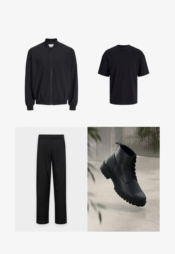 Veste bomber noire en matériau lisse et léger, avec une fermeture éclair à l'avant, des poignets et un ourlet élastiques. Comprend des poches latérales et un col côtelé.; T-shirt en coton noir avec un col ras du cou, des manches courtes et une coupe décontractée. Texture lisse sans motifs ni accents visibles.; Pantalons noirs en tissu lisse, avec une coupe droite, deux plis avant et une taille standard avec passants de ceinture.; Bottines en cuir noir avec un bout rond, un laçage, et une semelle en caoutchouc robuste. Texture lisse avec une languette à l'arrière.