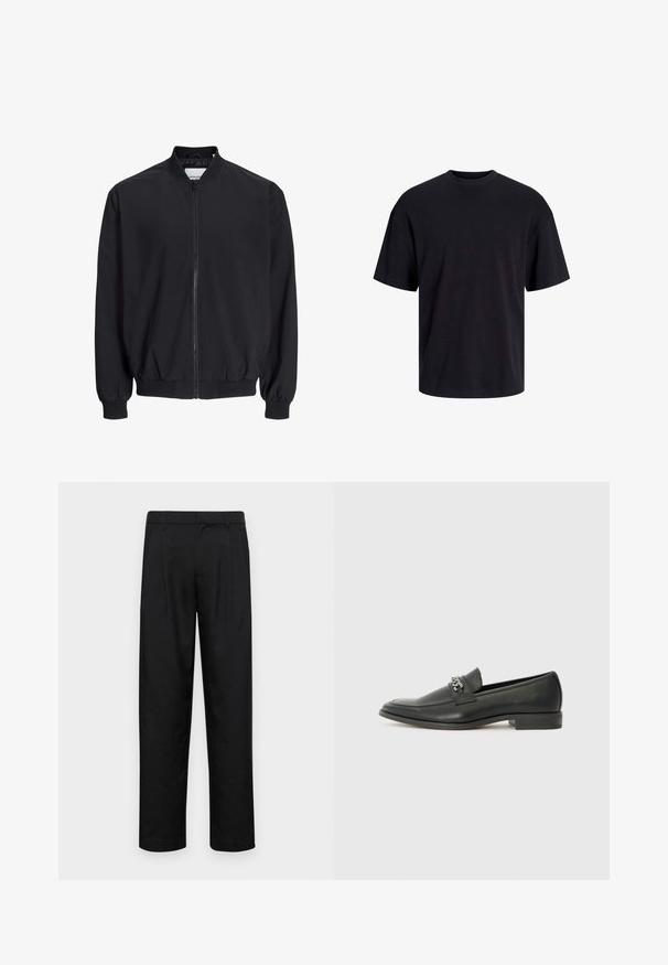 Sort bomberjakke lavet af glat, let materiale med lynlås foran, elastiske manchetter og kant. Har sidelommer og en ribbet krave.; Sort bomulds t-shirt med rund hals, korte ærmer og en afslappet pasform. Glat tekstur uden synlige mønstre eller accenter.; Sorte bukser lavet af glat stof, med et lige ben-design, to frontfolder og en standard talje med bæltestropper.; Sorte læder loafers med en glat finish, der har et syet design og et dekorativt metal kædeaccent hen over vamps. Flad hæl.