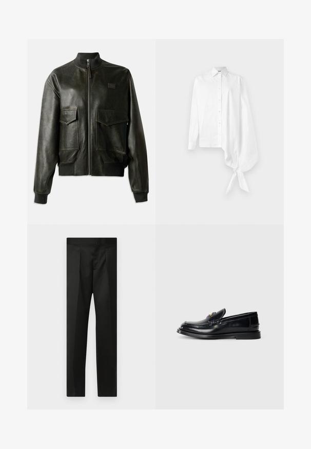 Jachetă bomber din piele neagră, cu guler și manșete ribbate, două buzunare frontale mari, închidere cu fermoar și detalii de cusătură subtile.; Cămașă albă cu mânecă lungă, cu nasturi, având o mânecă asimetrică supradimensionată, adunată și legată la încheietura mâinii pe partea dreaptă.; Pantaloni negri cu un material neted, design croit, picioare drepte și un talie plată fără închideri sau buzunare vizibile.; Mocasin din piele neagră cu un design cusut, o mică clapă frontală și o talpă plată din cauciuc. Textură netedă cu accente din metal aurit.