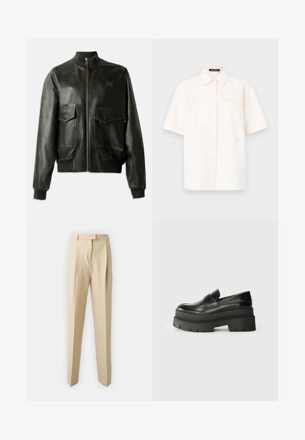 Must musta pusa, millel on soonikust krae ja mansetid, kaks suurt küljetaskut, lukuga sulgemine ja peened õmblused.; Lühikeste varrukatega, kreemivärvi särk kerge kangaga, millel on kaks eesmist taskut, nööbiga sulgemine ja kontrastne õmblus.; Beez värvi jalatsid, sirgete lõigetega, kergelt kortsulistedetailide, vöökoha ja siledaga tekstuuriga. Ei ole nähtavaid taskuid ega kaunistusi.; Mustad mustrennistest nahast mokad, millel on paks platvormi tald. Ümar varvas, eesmine õmblusdetail ja peened õmblemisaktsendid. Lame, tekstureeritud välistald.