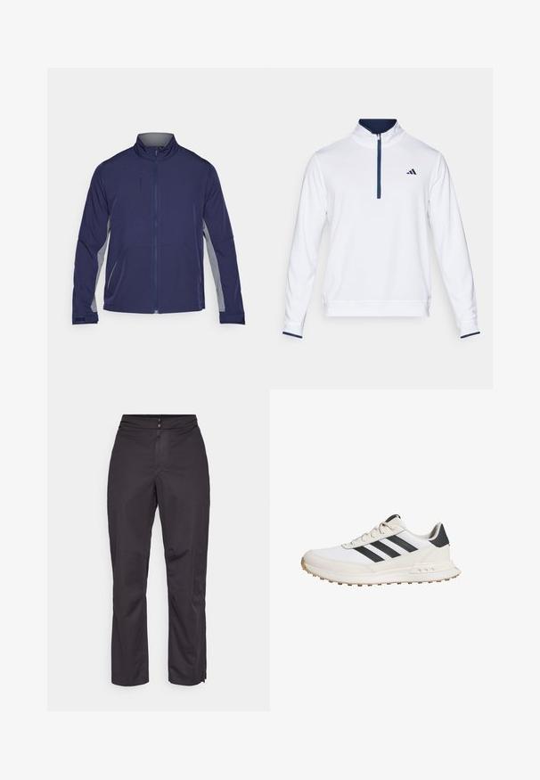 Granatowa kurtka softshell z szarymi bocznymi panelami, podniesionym kołnierzem, pełnym suwakiem i dwoma przednimi kieszeniami. Gładka faktura z funkcjonalnym designem.; Biały sweter z wysokim kołnierzem, z półzamkiem z przodu i granatowymi akcentami. Wykonany z teksturowanej tkaniny, z małym logo na lewej piersi.; Czarne wodoodporne spodnie w prostym kroju, z gładką teksturą, elastycznym pasem oraz bocznymi zamkami błyskawicznymi u dołu, umożliwiającymi regulację.; Białe buty sportowe z czarnymi paskami, z teksturowaną gumową podeszwą, gładką skórzaną cholewką i wyściełanym kołnierzem dla wsparcia.