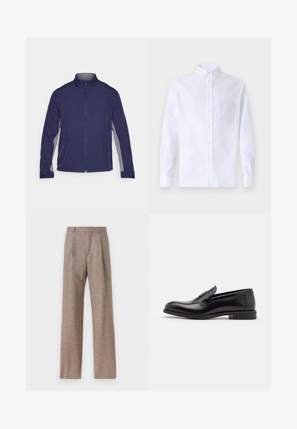 Jūros pajėgų minkštas švarkas su pilkomis šoninėmis juostomis, pakeltu apykakle, pilnu užtrauktuku ir dviem priekinėmis kišenėmis. Lygi tekstūra su funkcinio dizaino elementais.; Balta ilga rankovė mygtukų marškiniai, pagaminti iš medvilnės, su krūtine kišene ir toniniu siuvinėjimu, apykakle ir mygtukų apvadu.; Rudos, aukšto liemens kelnes, pagamintas iš tekstūruotos medžiagos. Plati kojos, dvi priekinės klostės struktūrai. Tvarkingas apdailos darbai, be matomų detalių.; Juodos odinės loafers, turinčios lygų paviršių, apvalią noselę ir dekoratyvinę juostą per priekinę dalį. Žemas krentantis kulnas, minimalistinis dizainas.