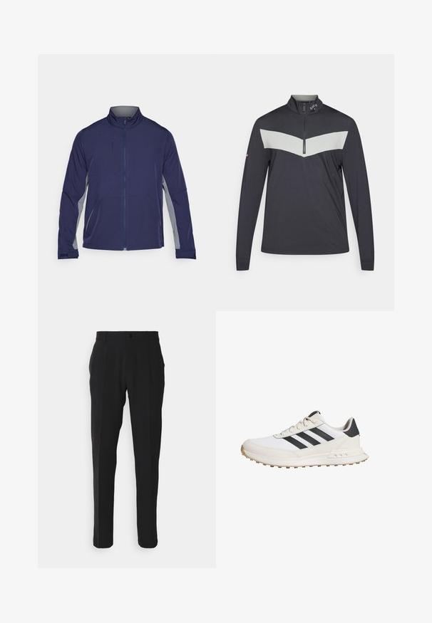 Giacca softshell navy con pannelli laterali grigi, colletto rialzato, zip completa e due tasche frontali. Texture liscia con un design funzionale.; Pullover a mezza zip di colore grigio scuro con un design a chevron grigio chiaro sul petto. Presenta maniche lunghe e un tessuto testurizzato.; Pantaloni neri con un taglio dritto, dotati di una tasca frontale singola, passanti per cintura e chiusura con bottone. Tessuto dalla consistenza liscia.; Scarpe da ginnastica bianche con strisce nere, dotate di una suola in gomma testurizzata, parte superiore in pelle liscia e colletto imbottito per supporto.