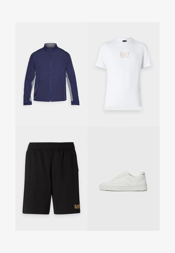 Jachetă de tip softshell navy cu panouri laterale gri, guler ridicat, fermoar complet și două buzunare frontale. Textură netedă cu un design funcțional.; Tricou alb din bumbac, cu guler rotund și mâneci scurte, având un logo auriu EA7 Emporio Armani imprimat pe față.; Shorts atletici negri dintr-un material moale, având o talie elastică și un mic logo galben EA7 pe partea inferioară a piciorului stâng.; Sneakers din piele albă cu un finisaj neted, vârf rotund, șireturi plate și o talpă texturată. Prezintă un logo subtil pe călcâi.