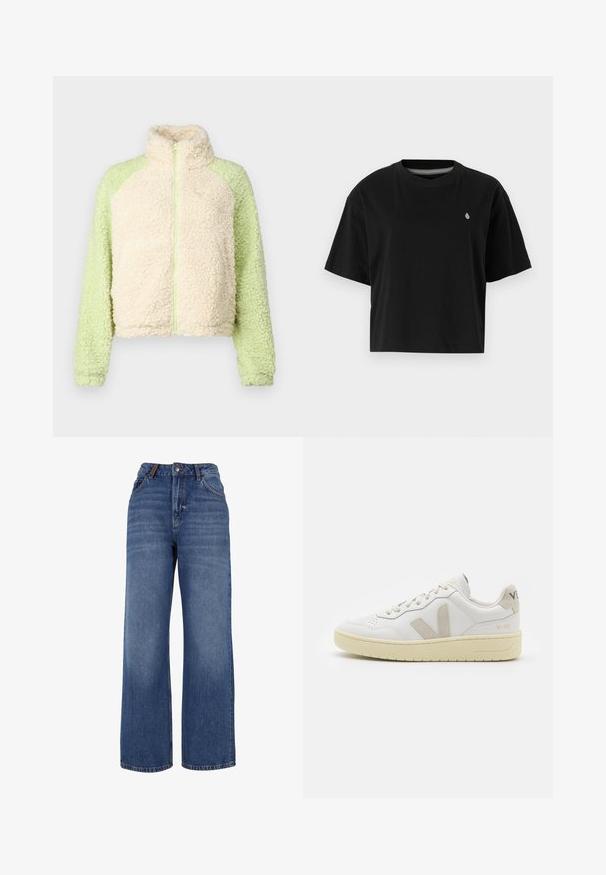 Roxy - Kurtka z polaru; Czarny krótki t-shirt z bawełny, z krótkimi rękawami, okrągłym dekoltem i małym białym logo na lewej piersi.; Jeansy dzwonowate z denimu wykonane z nieco ciężkiej niebieskiej bawełny. Posiadają klasyczny pięciokomorowy design oraz zamek błyskawiczny z zapięciem na guzik.; Białe skórzane trampki z beżowymi zamszowymi akcentami, perforowanym noskiem, płaskimi sznurowadłami i teksturowaną kremową podeszwą. Posiadają subtelne logo na pięcie.