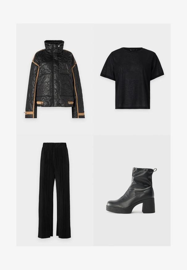 YAS YASKLINA JACKET - Ελαφρύ μπουφάν - black; Μαύρη κοντομάνικη μπλούζα με χαλαρή εφαρμογή, διαθέτει λείο υφή και στρογγυλή λαιμόκοψη. Ελαφρύ ύφασμα με ελαφριά γυαλάδα.; Μαύροι πλισέ παντελόνια με ελαστική μέση. Διαθέτουν φαρδιά πόδια και μαλακό, υφασμάτινο υλικό με κατακόρυφες ρίγες.; Μαύρες μποτές μέχρι τον αστράγαλο από λείο δέρμα, με πλευρικό φερμουάρ, χοντρό υφασμάτινο τακούνι και στρογγυλή μύτη.