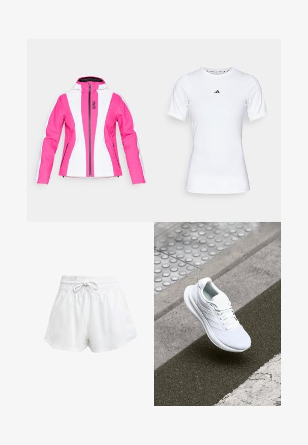 Rózsaszín és fehér sídzseki, testhez álló kialakítással, cipzáras elülső résszel, kapucnival és oldalsó zsebekkel; színblokkolt panelek és logó részlet jellemzi.; Fehér sportpóló, rövid ujjú, sima, rugalmas anyagból készült. Kicsi fekete Adidas logó található a mellkasán.; Fehér sportcipőnadrág rugalmas derékrésszel és állítható húzózsinórral. Könnyű anyagból készült, oldalzsebekkel rendelkezik és laza szabású.; Fehér sportcipő hálós felsőrésszel, fűzős kialakítással és texturált talppal. Diszkrét logózás és zökkenőmentes kivitelezési részletek láthatók.
