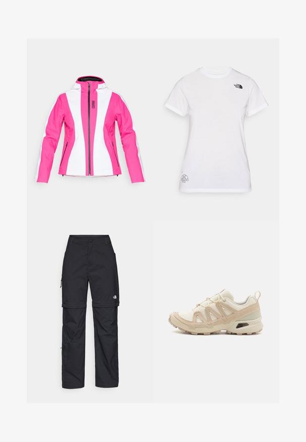 Rožinė ir balta slidinėjimo striukė su prigludusia išvaizda, užtrauktuku priekyje, su kapuce ir šoninėmis kišenėmis; turi spalvų blokavimo detales ir logotipą.; Balta medvilninė marškinėliai su juodu logo kairiajame krūtinės šone ir pilku grafiniu dizainu apatiniame dešiniajame kampe. Klasikinis apvalus kaklas ir trumpomis rankovėmis.; Juodos nailoninės krovinių kelnės su reguliuojamais rankovėmis, daugybe kišenių ir logo ant dešinės kojos. Lygi, lengva tekstūra.; Bežinės ir kreminės spalvos sportinės bateliai su tekstūruoto tinklelio viršutine dalimi, palaikančiomis detalėmis ir guminiais padais, turinčiais raštą, užtikrinantį sukibimą.