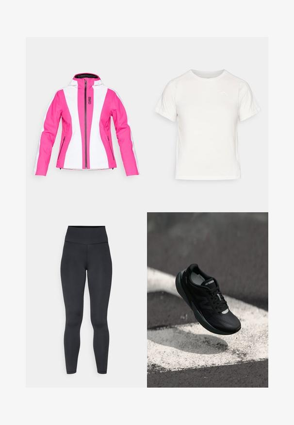 Jachetă de schi roz și albă cu un design ajustat, fermoar frontal, glugă și buzunare laterale; prezintă panouri colorate și detalii cu logo.; Tricou alb ușor, cu mâneci scurte, guler rotund și un logo mic în colțul din stânga sus. Material neted cu un luciu subtil.; Colanți negri cu talie înaltă, din material elastic, cu o textură netedă și un design care se potrivește strâns, având detalii de coasere minime.; Pantofii de alergare negri cu un superior texturat, design elegant și accente reflectorizante. Dispun de o talpă moale și amortizată pentru confort.