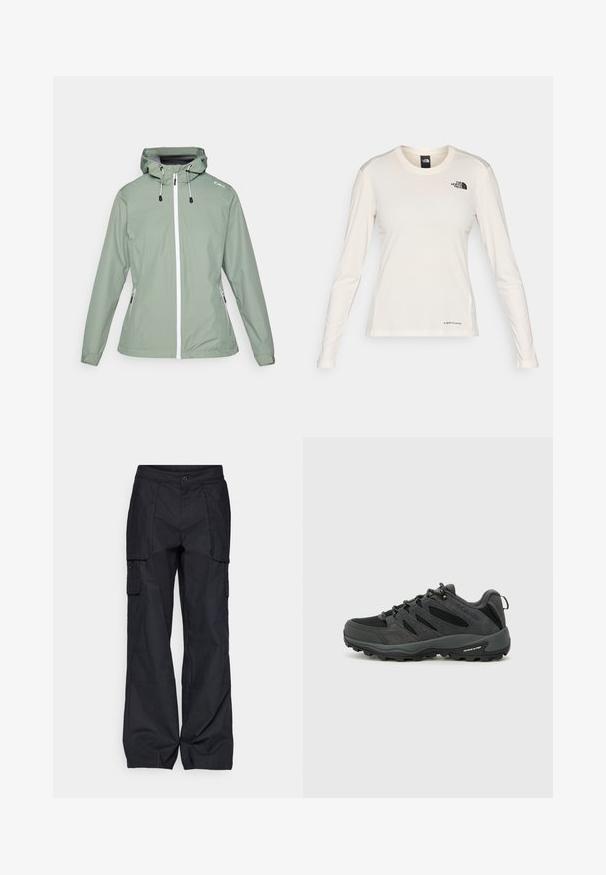 Water-resistant jacket in light green with a fitted design, zip front closure, adjustable hood, and side zip pockets.; The North Face SHADOW LONG SLEEVE - Long sleeved top - white dune; Columbia BREA FALLS™ COTTON RIPSTOP PANT - Outdoor trousers - black; Columbia REDMOND - Hiking shoes - black/citron haze