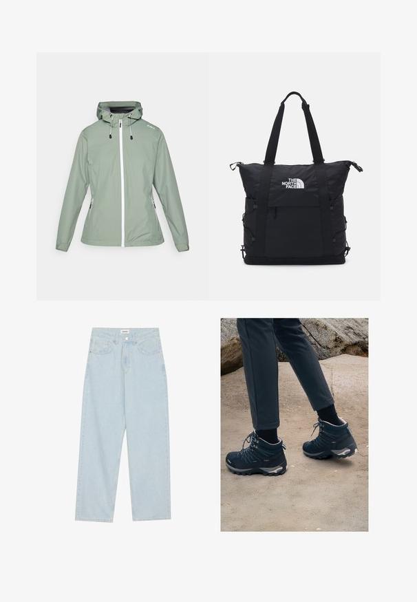 Wodoodporna kurtka w jasnozielonym kolorze o dopasowanym kroju, z zapięciem na zamek z przodu, regulowanym kapturem i bocznymi kieszeniami na zamek.; Biała krótka koszulka z bawełny z okrągłym dekoltem i krótkimi rękawami. Posiada czarną logo na lewym piersi.; Jasnoniebieskie dżinsy o szerokich nogawkach, wykonane z denimu, z średnim stanem, pięcioma kieszeniami oraz zapięciem na guzik z wąskim metalowym akcentem.; Ciemnoniebieskie buty trekkingowe z teksturowaną siateczką, sznurowadłami i gumową podeszwą, w połączeniu z ciemnymi spodniami, na tle piaszczystym i skalistym.; Czarna torba tote z wyściełanym wzornictwem, zamknięciem na zamek błyskawiczny na górze, dwoma krótkimi uchwytami oraz logo z przodu; posiada boczne kieszenie i regulowane paski.