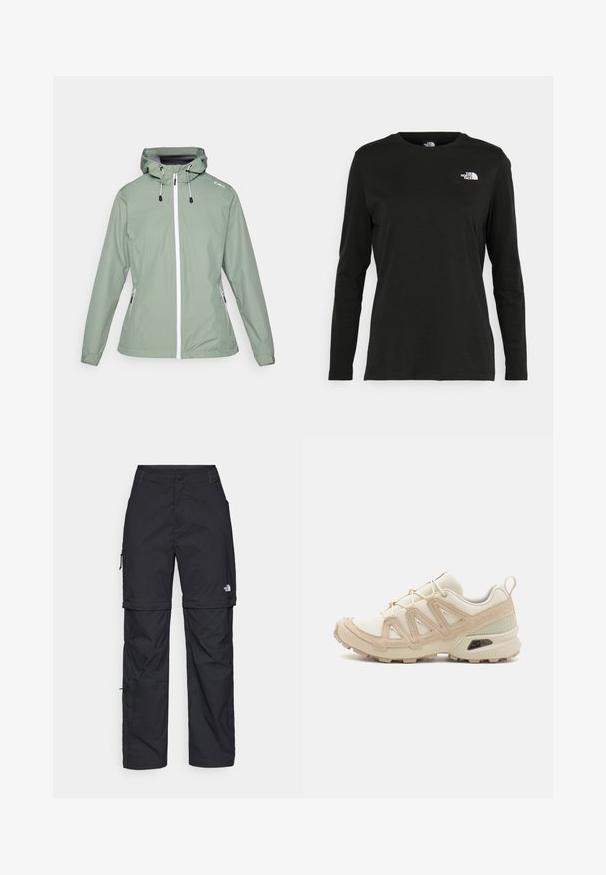 Water-resistant jacket in light green with a fitted design, zip front closure, adjustable hood, and side zip pockets.; Black long-sleeve t-shirt made of cotton with a round neck. Features a small white logo on the left chest area. Simple design and fit.; Black nylon zip-off cargo trousers with adjustable cuffs, multiple pockets, and a logo on the right leg. Smooth, lightweight texture.; Beige and cream athletic shoe with textured mesh upper, supportive overlays, and rubber outsole featuring a tread pattern for traction.