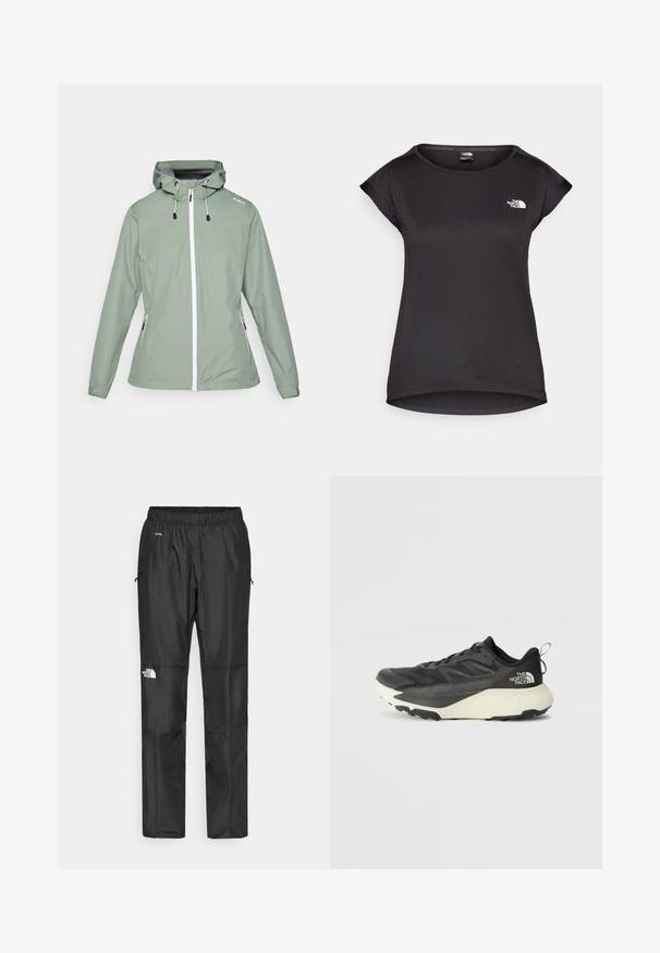 Jachetă rezistentă la apă de culoare verde deschis, cu un design ajustat, închidere frontală cu fermoar, glugă ajustabilă și buzunare laterale cu fermoar.; The North Face TANKEN TANK - Bluză sport - black; Pantaloni impermeabili negri, confecționați dintr-un material ușor, cu o talie elastică, buzunare laterale și un logo pe piciorul stâng.; Pantofii sport negri cu un superior texturat, având accente gri și o talpă intermediară albă. Include un sistem de prindere și un logo de marcă proeminent pe călcâi.