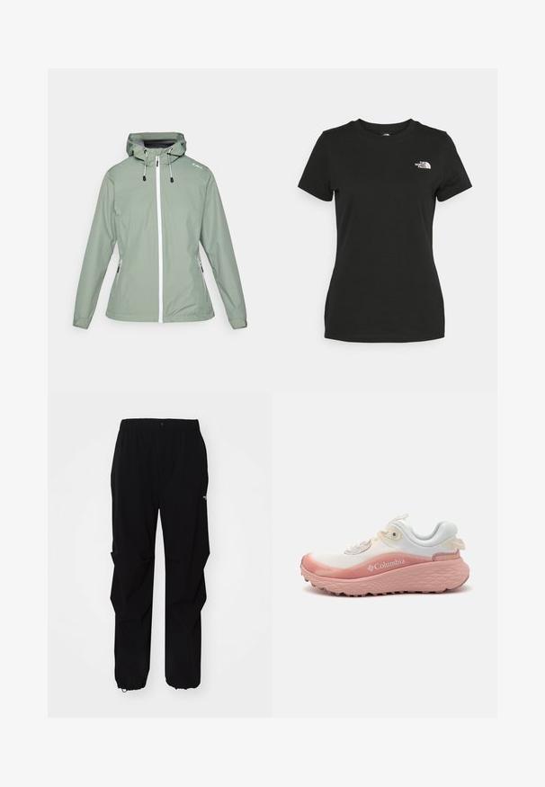 Veekindel jakk helesinises toonides, millel on vormiv joon, lukuga esine sulgemine, reguleeritav kapuuts ja külgmised lukuga taskud.; Mustvalge puuvillane t-särk, millel on ümber kaeluse lõige ja lühikesed varrukad. Märkimisväärne valge logo vasakul ülal nurgas. Sile tekstuur, mugav lõige.; Mustad must outdoor püksid, valmistatud vastupidavast materjalist, millel on mugav lõige, elastne vöökoht ja reguleeritavad varrukaotsad.; Columbia naiste jooksujalats, millel on valgest tekstiilist pealis, roosa kummitald, tekstuuriga aktsendid ja logo külgedel.