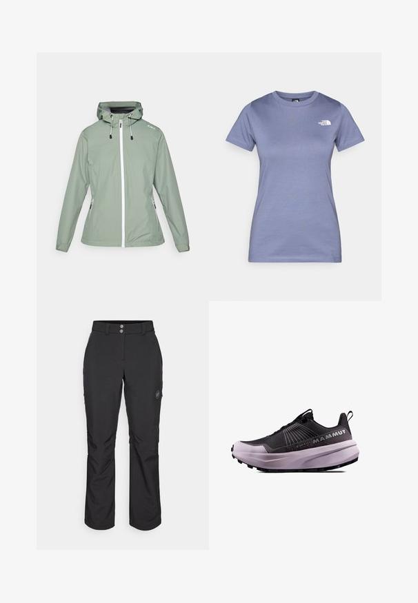 Vandafvisende jakke i lysegrøn med en tætsiddende design, lynlås foran, justerbar hætte og sidelommer med lynlås.; Lyserød kortærmet T-shirt lavet af bomuld, med rund halsudskæring og et lille hvidt logo på brystet. Glat tekstur.; Sorte udendørsbukser med lige snit, der har knaplukning, lynlåslommer i siderne og et logo-patch på venstre lår.; Sort og lilla trail løbesko med en tekstureret overdel, polstret sål og fremtrædende logo. Har snørebåndsdesign og holdbart mønster.