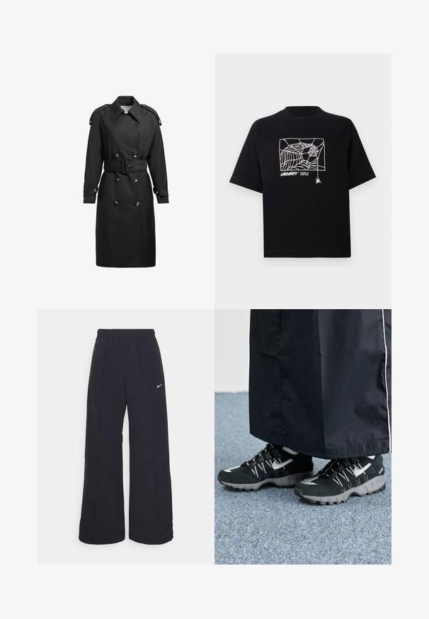 Gabán negro hecho de tela suave. Presenta un frente de doble botonadura, grandes botones, cintura ceñida con cinturón y hombreras.; Camiseta negra de algodón con mangas cortas. Presenta un gráfico de telaraña blanca y un logo en la parte frontal. Cuello redondeado simple.; Pantalones de pierna ancha negros con una cintura elástica y un pequeño logo blanco de Nike. La tela tiene una textura suave, diseñada para la comodidad y el uso casual.; Zapatillas deportivas negras con un upper texturizado, detalles plateados y una suela con patrón, combinadas con una prenda larga negra. Colocadas sobre una alfombra azul.