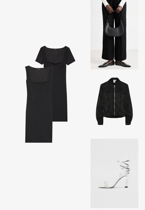 Chaqueta bomber negra con un patrón floral texturizado, puños acanalados y cierre frontal de cremallera, con un silueta corta y un ajuste relajado.; Vestido negro ajustado con escote cuadrado, mangas cortas y textura acanalada. Se muestran dos variaciones: tonos negro claro y negro más intenso.; Sandaia de tacón alto plateada con un diseño de tira brillante, que cuenta con un acento similar a una perla y una correa en espiral en el tobillo para un ajuste seguro.; Bolso de hombro de cuero negro con forma redondeada, acabado brillante y herrajes plateados. Persona vistiendo pantalones anchos negros y mocasines con tachuelas.