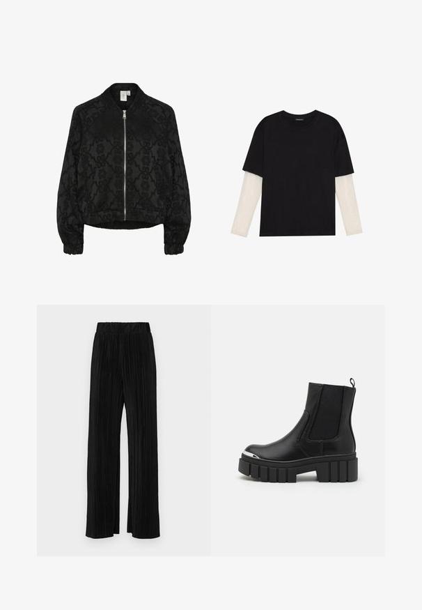 Μαύρη βομβαρδιστική τζάκετ με υφή λουλουδιών, ριμπ μανσέτες και μπροστινό φερμουάρ, με κοντή σιλουέτα και χαλαρή εφαρμογή.; Μαύρο μπλουζάκι από βαμβάκι, με κοντά μανίκια πάνω από ένα λευκό μπλουζάκι με μακριά μανίκια και διακριτό υφασμάτινο σχέδιο. Σχέδιο με στρογγυλή λαιμόκοψη.; Μαύροι πλισέ παντελόνια με ελαστική μέση. Διαθέτουν φαρδιά πόδια και μαλακό, υφασμάτινο υλικό με κατακόρυφες ρίγες.; Μαύρες ankle μποτές από λείο δέρμα με ελαστικές πάνελ, παχύ πλατφόρμα και μεταλλική μύτη.