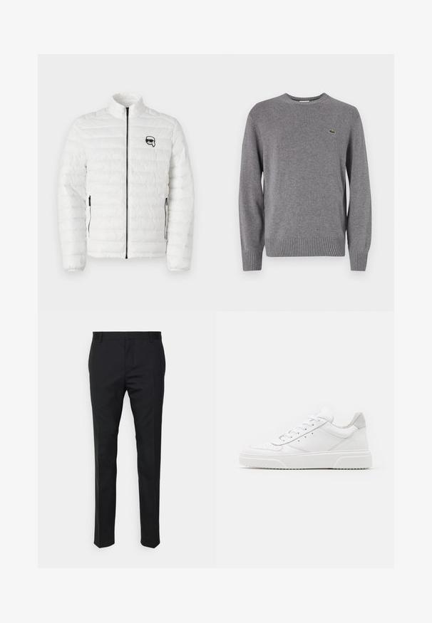 KARL LAGERFELD BLOUSON - Overgangsjakke - white; Grå strikket sweater med rund halsudskæring, ribbede manchetter og kant, der har et lille grønt krokodillelogo på venstre bryst.; Sorte skræddersyede bukser med lige pasform, fremstillet af glat stof. Har bæltestropper og foldedetalje foran.; Hvide lædersneakers med en glat finish, rund tå, flade snørebånd og en struktureret sål. Grå ruskindsdetalje ved hælen.