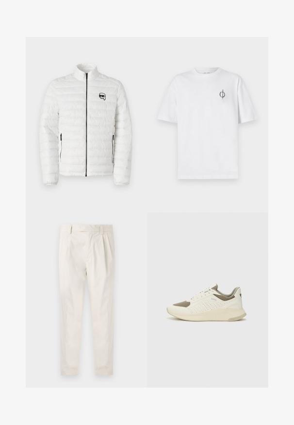 KARL LAGERFELD BLOUSON - Lengva striukė - white; Balta medvilninė marškinė su laisvu siluetu, su mažą juodą grafiką logotipą kairėje krūtinės pusėje. Trumpomis rankovėmis, apvaliu kaklu.; Balti, susiūtos kelnes, turinčios pritaikytą siluetą, pasižyminčias lygia tekstūra, dirželio kilpomis ir siaurėjančiomis kojomis. Nėra matomų kišenių ar raštų.; Baltas ir šviesiai bežinis sportinis kedas, su tinklo viršumi, perforuotais detalėmis ir tekstūruotu tarpine su logotipu ant kulno.