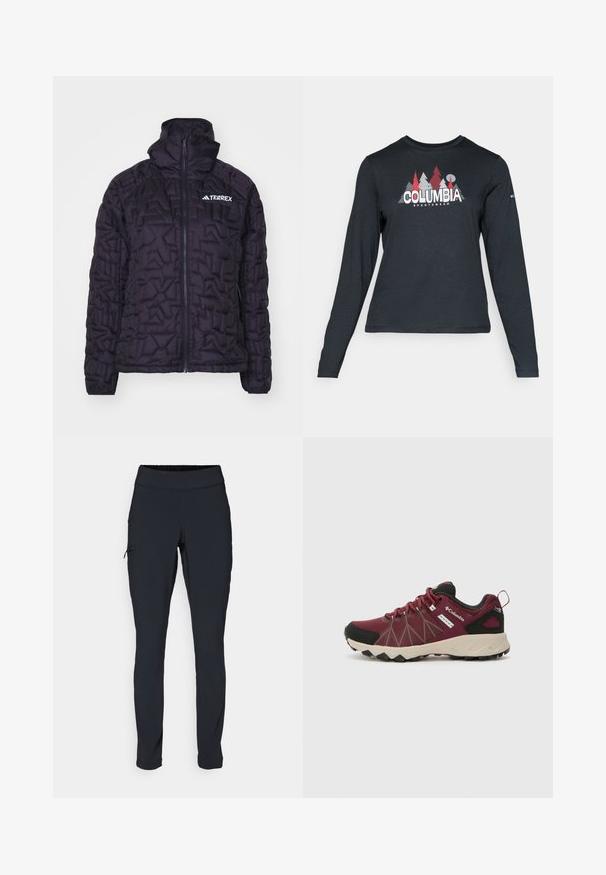 Črna izolirana jakna z quilted dizajnom, visokim ovratnikom, polnim zadrgo in Terrex logotipom, ki se ponaša z gladko, sijočo teksturo.; Majica z dolgimi rokavi temno siva z grafiko rdečih dreves in gora; logotip "COLUMBIA" v krepki beli barvi. Mehka tkanina, standarden krojen ovratnik.; Črne športne hlače s slim fit krojem, elastičnim pasom in stransko žepom z zadrgo. Gladek, raztegljiv material z minimalnimi šivi.; Columbia PEAKFREAK™ II OUTDRY™ - Pohodniški čevlji - deep madeira/white peach