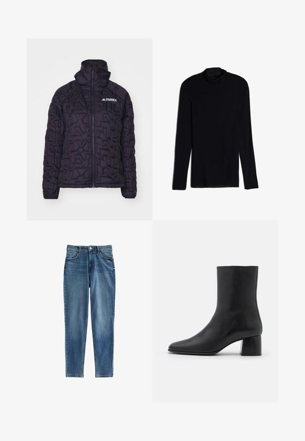 Chaqueta negra aislante con un diseño acolchado, cuello alto, cremallera de longitud completa y logo de Terrex, con una textura suave y brillante.; Top negro de manga larga con cuello tipo cowl, hecho de una tela suave y lisa; diseño ajustado con dobladillo recto y sin costuras visibles.; Jeans de mezclilla azul con fit recto, que cuentan con una cintura alta, cinco bolsillos y áreas sutilmente desgastadas para texturizar. Cierre con botón de metal.; Botín negro de cuero hasta el tobillo con punta afilada y un tacón cuadrado y grueso. Textura suave con un diseño sin costuras y un estilo minimalista en las costuras.
