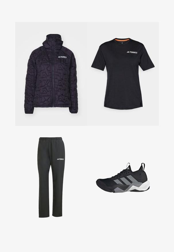 Veste isolante noire avec un design matelassé, un col montant, une fermeture éclair sur toute la longueur et le logo Terrex, présentant une texture lisse et brillante.; T-shirt noir à manches courtes avec col rond, présentant une texture chinée subtile et un logo "TERREX" blanc sur le côté supérieur gauche.; Pantalons légers noirs avec une taille élastique. Présente un logo "TERREX" subtil en blanc. Tissu lisse et design à jambes droites.; Chaussure de sport noire avec une tige en maille respirante, des accents gris, une semelle texturée et trois rayures distinctives sur le côté.