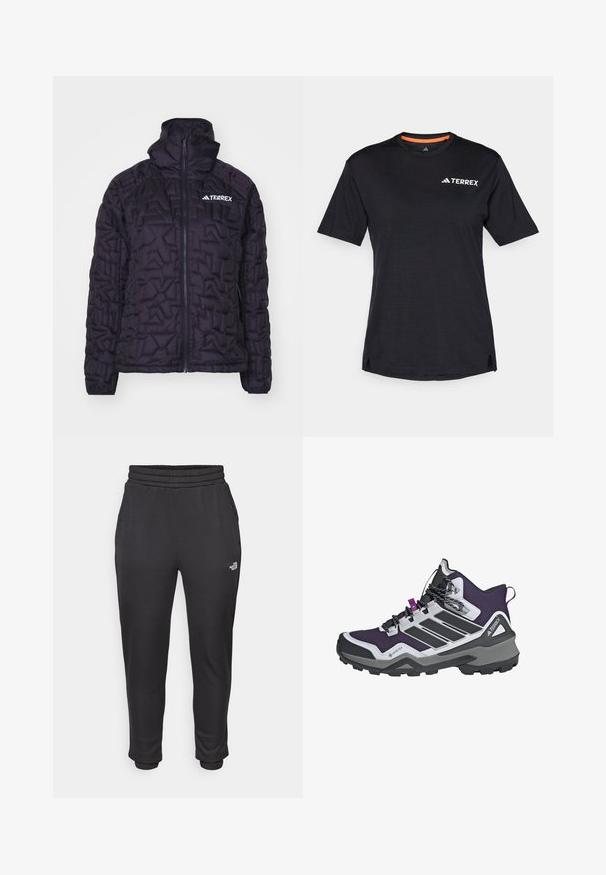 Černá zateplená bunda s prošívaným designem, vysokým límcem, zipem po celé délce a logem Terrex, s hladkým, lesklým povrchem.; Černé tričko s krátkým rukávem a kulatým výstřihem, s jemnou melanžovou strukturou a bílým logem "TERREX" na levé horní straně.; Černé tepláky s elastickým pasem a manžetami, vyrobené z měkké tkaniny, s bočními kapsami a logem na levém stehně.; Fialové a černé turistické boty s vysokým designem, texturovaná tkanina, materiál Gore-Tex a robustní gumová podrážka s hlubokým vzorkem.