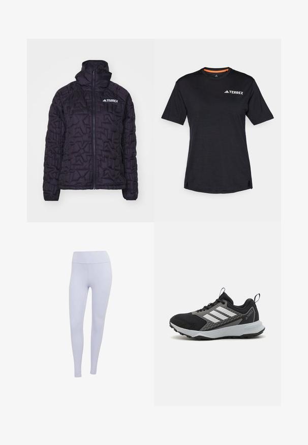 Juodas izoliuotas švarkas su siuvinėta struktūra, aukšta apykakle, viso ilgio užtrauktuku ir Terrex logotipu, pasižymintis lygiu, blizgančiu paviršiumi.; Juodas trumpas rankovės marškinėliai su apvaliu kaklu, su subtiliu melange tekstūra ir baltu "TERREX" logotipu viršutiniame kairiajame kampe.; Šviesiai purpurinės leggingos, pagamintos iš tamprių audinių. Aukštu liemeniu, su lygiu paviršiumi ir be matomų siūlių ar raštų.; Juodas sportinis batelis su pilkais akcentais, turintis tekstūruotą tinklelio viršutinę dalį, tris baltas juosteles ir guminį pado padą, užtikrinantį sukibimą.