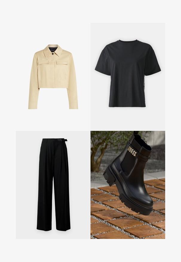 Kratka bež jakna s ostrim ovratnikom, dvema sprednjima žepoma in gumbnim zapiranjem. Gladka tekstura in subtilno blagovno znamčenje na prsih.; Črna bombažna majica s kratkimi rokavi, sproščenega kroja z kontrastnim stranskim panelom, ki vsebuje majhne besedilne in oblikovne podrobnosti.; Črne široke hlače z visokim pasom, gubami spredaj in pasom z zaponko. Narejene so iz gladkega, lahkega materiala.; Črne usnjene gležnarje z robustnim gumijastim podplatom, elastičnimi stranskimi ploščicami in zlatim poudarkom z znamko "GUESS".