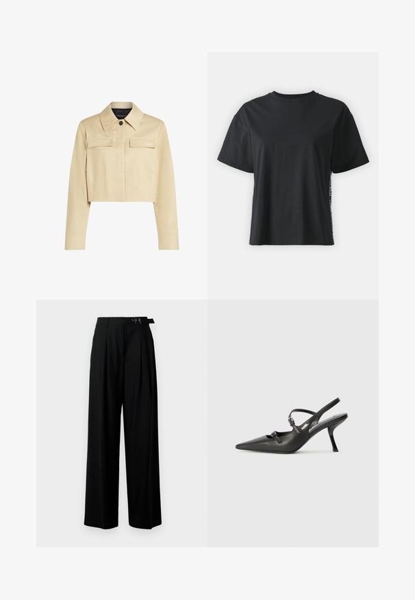 Kirptas smėlinis švarkas su smailiu apykakle, dviem priekinėmis kišenėmis ir mygtukų uždarymu. Lygus paviršius ir subtili ženklinimo detalė ant krūtinės.; Juoda trumpomis rankovėmis medvilninė marškinėliai su laisvu siluetu ir kontrastine šonine juostele, kurioje yra mažas tekstas ir dizaino detalės.; Juodos plačios kojų kelnės su aukštu liemeniu, priekinėmis klostėmis ir diržu su sagtimi. Pagamintos iš lygaus, lengvo audinio.; Juodi odiniai slingback kulniukai su smailiu pirštu, siauru kulnu ir dekoratyvine sagtimi viršuje. Lygus paviršius ir elegantiškas dizainas.