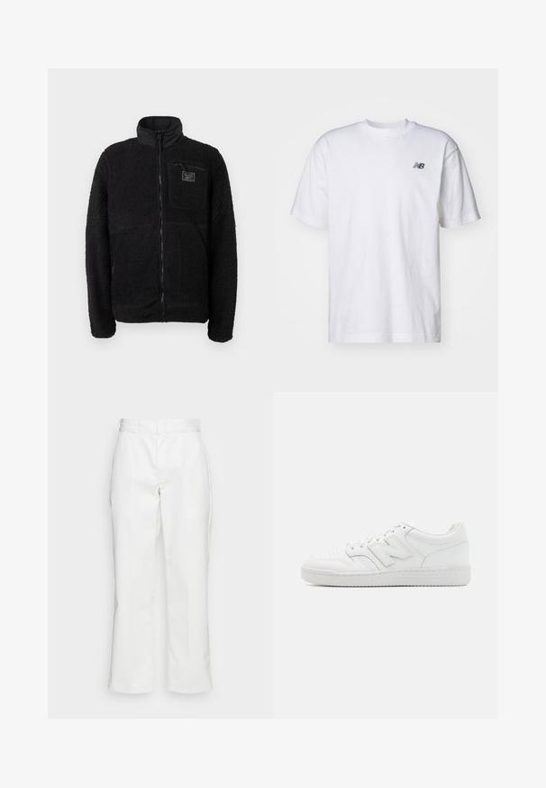 Zwarte fleece jas met ritssluiting, een gestructureerd, fuzzy oppervlak, een staande kraag en een borstzak met een merklabel.; Witte korte mouwen crew neck T-shirt met klein zwart New Balance-logo op de linkerkant van de borst tegen een effen achtergrond.; Witte katoenen broek met een recht model, riemlussen en zijzakken, met een gladde textuur en minimale detaillering.; Witte sneaker van glad leer, met geperforeerde neus, een gestructureerde rubberen zool, platte veters en een prominente 'N' logo aan de zijkant.