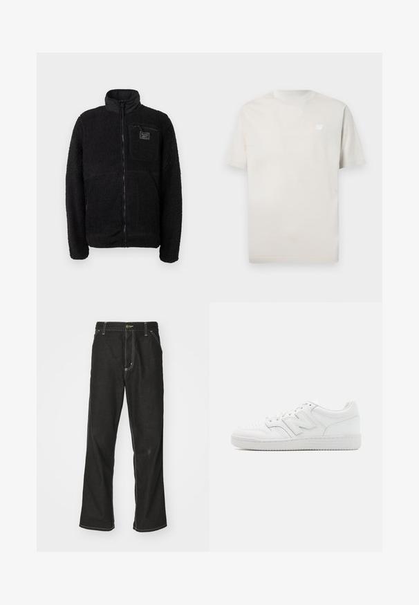 Jaqueta de fleece preta com fecho zip e superfície texturizada e felpuda, gola alta e um bolso no peito com uma etiqueta da marca.; New Balance ESSENTIALS - T-shirt básica - grey; Calças de ganga pretas de corte largo, com costuras brancas em contraste, fecho de botão e design de perna reta.; Sapatilha branca feita de couro liso, com bico perfurado, sola de borracha texturizada, atacadores planos e um destacado logotipo 'N' na lateral.