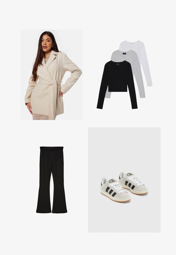 Cappotto avvolgente beige con maniche lunghe, colletto a revers e vita legata. Realizzato in un materiale morbido e strutturato. Presenta tasche laterali.; Tre magliette a maniche lunghe impilate: nera, grigia e bianca. Ognuna ha un colletto rotondo e un design accorciato con tessuto morbido e leggero.; Leggings a zampa nera realizzati in un tessuto elasticizzato. Presentano una vita alta e una superficie liscia, con una silhouette aderente che si ampia all'orlo.; Sneakers in suede grigio con lacci bianchi, strisce nere e suola in gomma bianca. Presentano un logo circolare sulla linguetta e una suola in gomma.