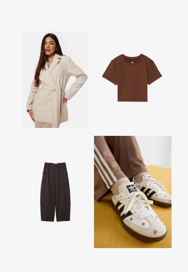 Beige zavinovací kabát s dlouhými rukávy, klopovým límcem a vázaným pasem. Vyrobeno z měkkého, texturovaného materiálu. Obsahuje boční kapsy.; Hnědé zkrácené tričko s kulatým výstřihem, krátkými rukávy a hladkou texturou látky. Na límci má diskrétní nápis nebo logo.; Černé široké kalhoty vyrobené z hladkého materiálu, s vysokým pasem, předními sklady a bočními kapsami. Jednoduchý design bez ozdob.; Bílé kožené tenisky se třemi černými pruhy a květinovou výšivkou v purpurové a žluté barvě. Hnědá gumová podrážka. Spárované s béžovými žebrovanými ponožkami.