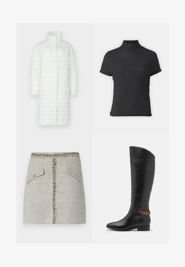 Abrigo acolchado blanco con cuello alto, que presenta una textura ondulada, mangas largas y una silueta recta. Sin cierres ni bolsillos visibles.; Top negro de manga corta y cuello alto, hecho de una tela ligera con una textura suave y una forma ajustada, que presenta un escote alto.; Falda de tweed tejido en un patrón de espiga blanco y negro, presenta dos bolsillos frontales y una cremallera en tono dorado en la parte trasera con bordes deshilachados.; Botas altas de cuero negro con un diseño elegante, punta afilada y un acento de cadena dorada en el tobillo. Tacón bajo tipo bloque. Textura suave.