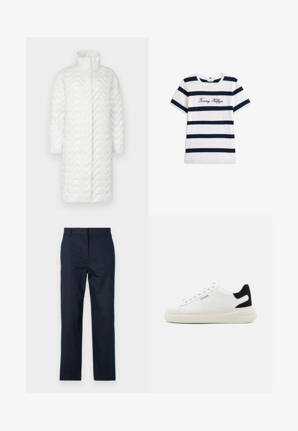 Abrigo acolchado blanco con cuello alto, que presenta una textura ondulada, mangas largas y una silueta recta. Sin cierres ni bolsillos visibles.; Camiseta de algodón con rayas horizontales azul marino sobre un fondo blanco. "Tommy Hilfiger" bordado en cursiva en el pecho. Escote de tipo crew.; Pantalones azul marino con un diseño de pierna recta, hechos de una tela suave, con un frente plano y presillas para el cinturón. Sin patrones o acentos visibles.; Zapatillas blancas de cuero con una suela blanca gruesa, acento en el talón de ante negro y logo grabado en el lateral. Diseño de cordones con seis ojales.