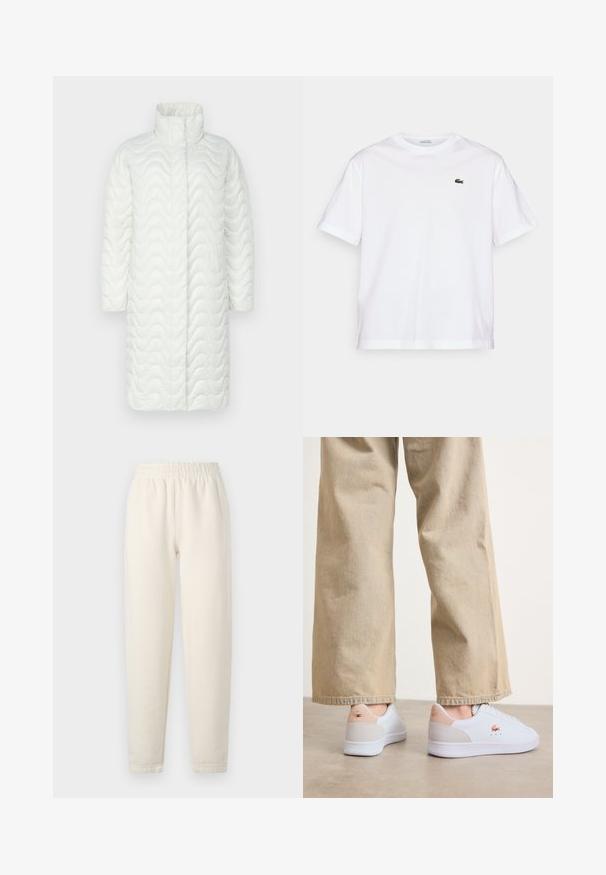 Hvid quiltet frakke med høj krave, der har bølget tekstur, lange ærmer og en lige silhuet. Ingen synlige lukninger eller lommer.; Hvid bomulds T-shirt med rund halsudskæring og korte ærmer. Har et grønt broderet logo på brystet. Blød tekstur, afslappet pasform.; Cremefarvede sweatpants lavet af blødt stof. Har en elastisk talje og tapered ben design med subtile stikningsdetaljer.; Hvide sneakers med en glat læderfinish, der har en beige ruskindsdetalje på hælen og diskret branding. Sammen med lyse beige bukser.