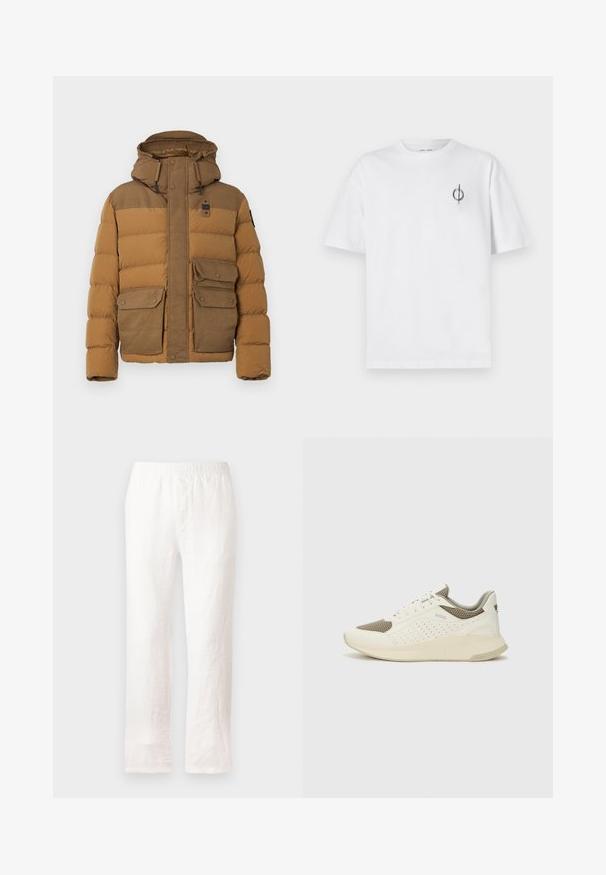 Rudas pūkuotas džemperis su tekstūruotu kupolu, dviem krūtinės kišenėmis ir užtrauktuku. Yra kontrastinga viršutinė dalis ir patvarus audinys.; Balta medvilninė marškinė su laisvu siluetu, su mažą juodą grafiką logotipą kairėje krūtinės pusėje. Trumpomis rankovėmis, apvaliu kaklu.; Baltos lininės kelnių su elastine juosta, tiesaus kirpimo dizainas ir šiek tiek tekstūruota medžiaga. Be raštų ar papildomų detalių.; Baltas ir šviesiai bežinis sportinis kedas, su tinklo viršumi, perforuotais detalėmis ir tekstūruotu tarpine su logotipu ant kulno.