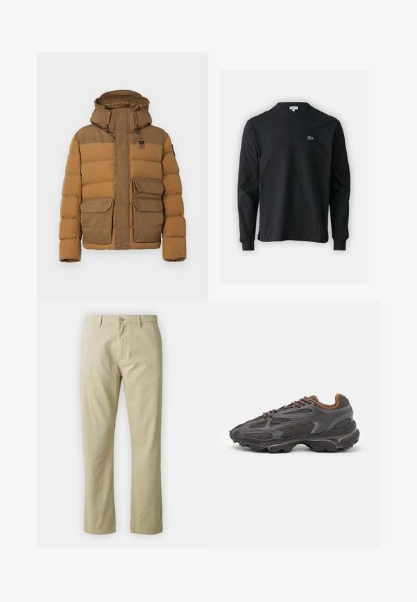 Barna puffermellény textúrázott kapucnival, dupla mellzsebbel és cipzáras elülső résszel. Kontrasztos felső szekcióval és tartós anyaggal rendelkezik.; Fekete hosszú ujjú pamut póló, kerek nyakkivágással, bal mellen egy kis zöld hímzett krokodil logóval.; Beige színű, egyenes lábú pamut nadrág, elöl gombos záródással és övhurkokkal. Simaság jellemzi, látható minták vagy díszítések nélkül.; Sötét szürke Lacoste sportcipők hálós és szintetikus anyagból, textúrázott talppal és barna díszítésekkel a nyak részen és a logón.