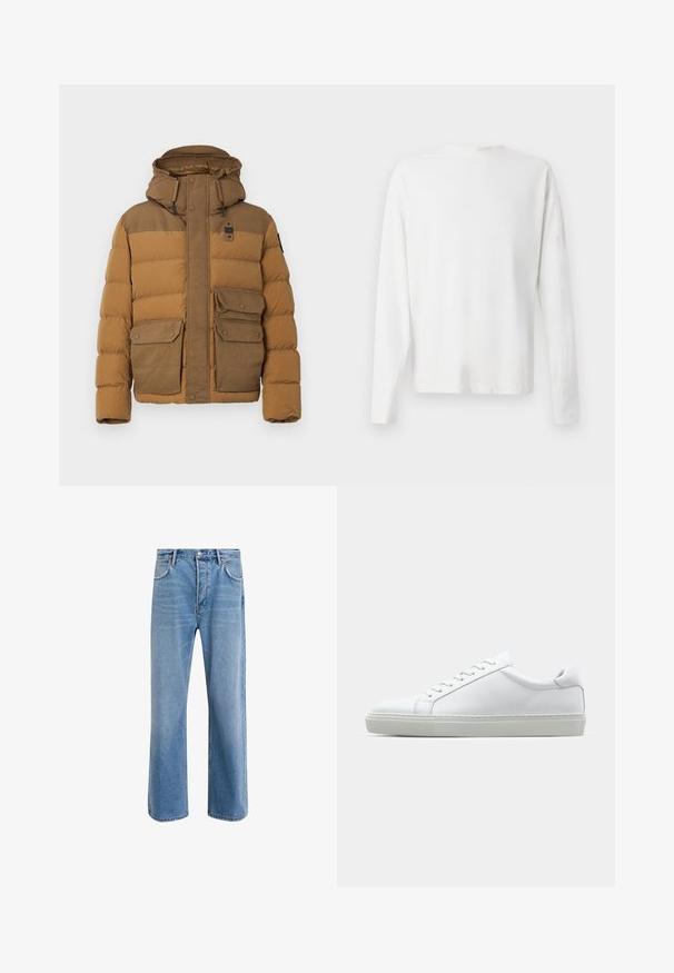 Brun pufferjakke med en struktureret hætte, to brystlommer og lynlåslukning foran. Har en kontrasterende overdel og holdbart stof.; Langærmet hvid bomulds skjorte med rund halsudskæring, sideslids i bunden og en glat overflade, vist bagfra.; Lyseblå denim jeans med lige ben-design, fem lommer, knaplukning, minimal falming og kontraststingdetaljer.; Hvide sneakers med en glat læderoverdel og lav profil. Har en rund tå, seks snørehuller og en tekstureret gummisål.