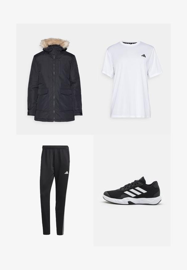 Μαύρο παλτό με επένδυση γούνας στην κουκούλα, μπροστινή φερμουάρ κλείσιμο, δύο πλαϊνές τσέπες και λεία υφή. Μινιμαλιστικός σχεδιασμός με λειτουργικές λεπτομέρειες.; Λευκό αθλητικό μπλουζάκι με κοντά μανίκια, κατασκευασμένο από ύφασμα που απορροφά την υγρασία. Διαθέτει μαύρο λογότυπο στην αριστερή πλευρά του στήθους και μοτίβο στη εσωτερική γραμμή του λαιμού.; Μαύρο αθλητικό παντελόνι με ελαστική μέση, λευκές πλαϊνές ρίγες και ένα μικρό λευκό λογότυπο στο μηρό. Φτιαγμένο από απαλή, ελαφριά ύφανση.; Μαύρα αθλητικά παπούτσια με υφασμάτινη άνω επιφάνεια κώνου, λευκές διακοσμητικές ρίγες, μαξιλαρωτή σόλα και ενισχυμένη φτέρνα για στήριξη.