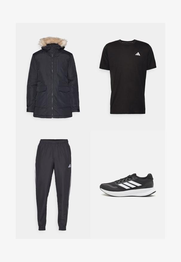 Fekete, párnázott dzseki szőrmével bélelt kapucnival, elöl cipzáros záródással, két folt zsebbel és sima felülettel. Minimális design funkcionális részletekkel.; Fekete pamut póló rövid ujjal, kerek nyakkivágással, bal mellrészen fehér logóval. Sima textúra és egyszerű dizájn.; Fekete sportnadrág elasztikus derékkal, oldalán fehér csíkokkal és egy apró logóval a csípőn. Sima textúra.; Fekete sportcipő légáteresztő hálós felsőrésszel, fehér kiegészítőkkel és párnázott talppal. Az oldalon három csíkkal ellátott logó található.