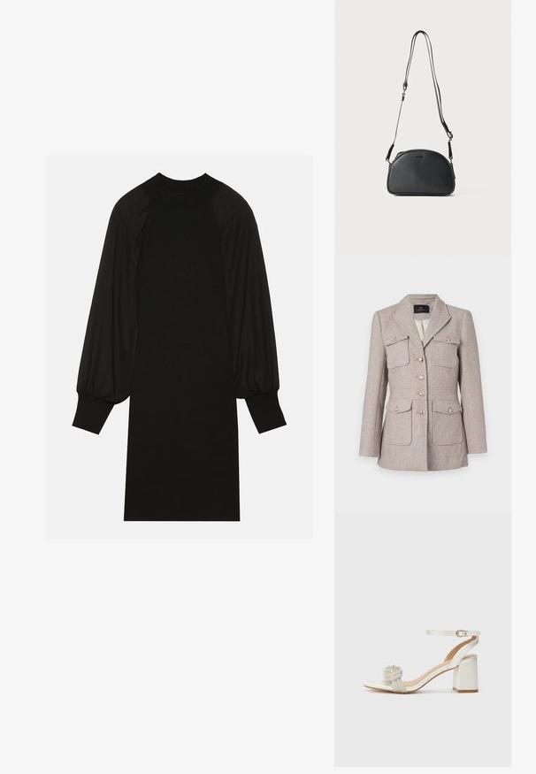 Gaiši beidža hounds-tooth raksts uzvalka žakete ar pielāgotu piegriezumu, kurai ir divas krūšu kabatas, pogu priekšpuse un sudrabkrāsas pogas.; Melna kleita ar ribotām auduma, puffētiem piedurknēm un augstu kaklu. Siluets ir taisns un beidzas pie ceļgala.; Baltā atvērtā pirksta sandale ar biezu bloku papēdi, kurai ir teksturēta sequīnu lente pāri pēdai un regulējams potītes siksniņa.; Melnas ādas plecu soma ar noapaļotu formu, divām regulējamām siksnām un smalku logotipu priekšpusē. Raksturīga ārējā virsma, minimālisma dizains.